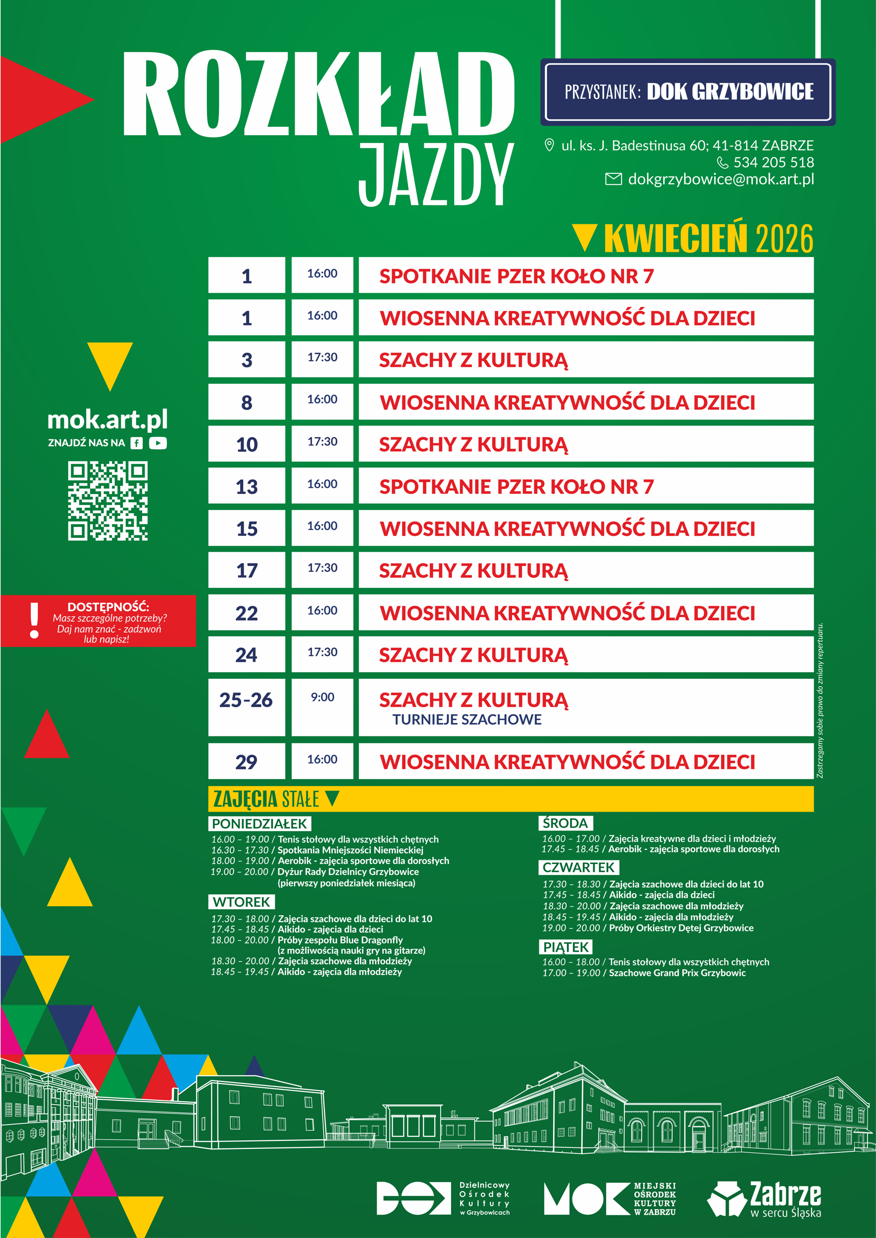 plakat z wydarzeniami w DOK Grzybowice w kwietniu